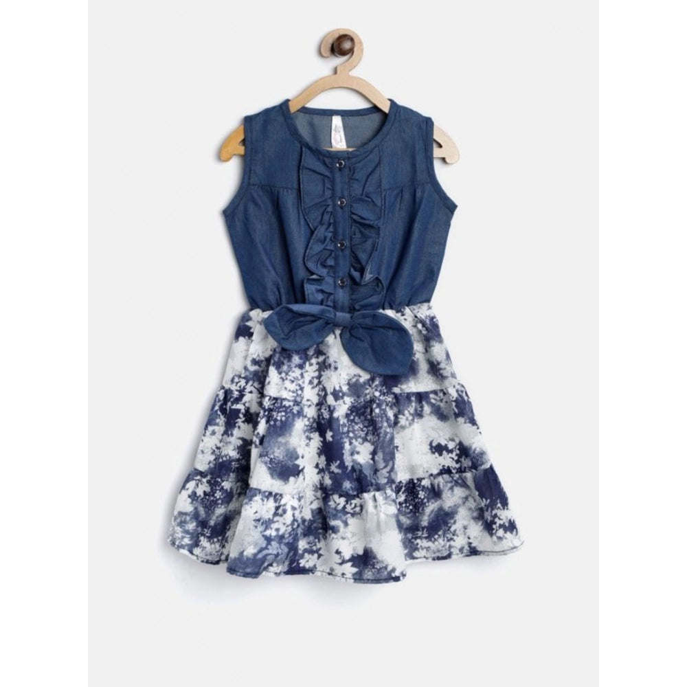 Blue-White Denim-Polyester crepe sleeveless round neck dress for girls