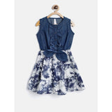 Blue-White Denim-Polyester crepe sleeveless round neck dress for girls