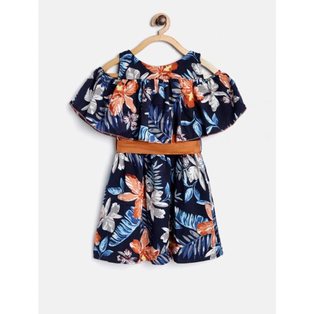 Multicolor polyester crepe floral printed bell sleeve cold shoulder neck dress for girls, vibrant floral pattern and bell sleeves visible