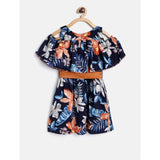 Multicolor polyester crepe floral printed bell sleeve cold shoulder neck dress for girls, vibrant floral pattern and bell sleeves visible