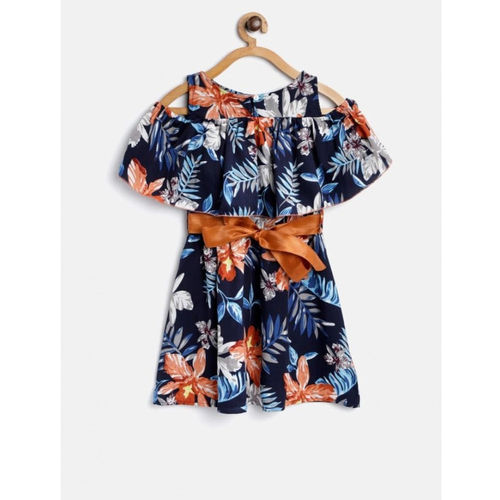 Multicolor polyester crepe floral print bell sleeve cold shoulder neck dress for girls, vibrant pattern and trendy style on display