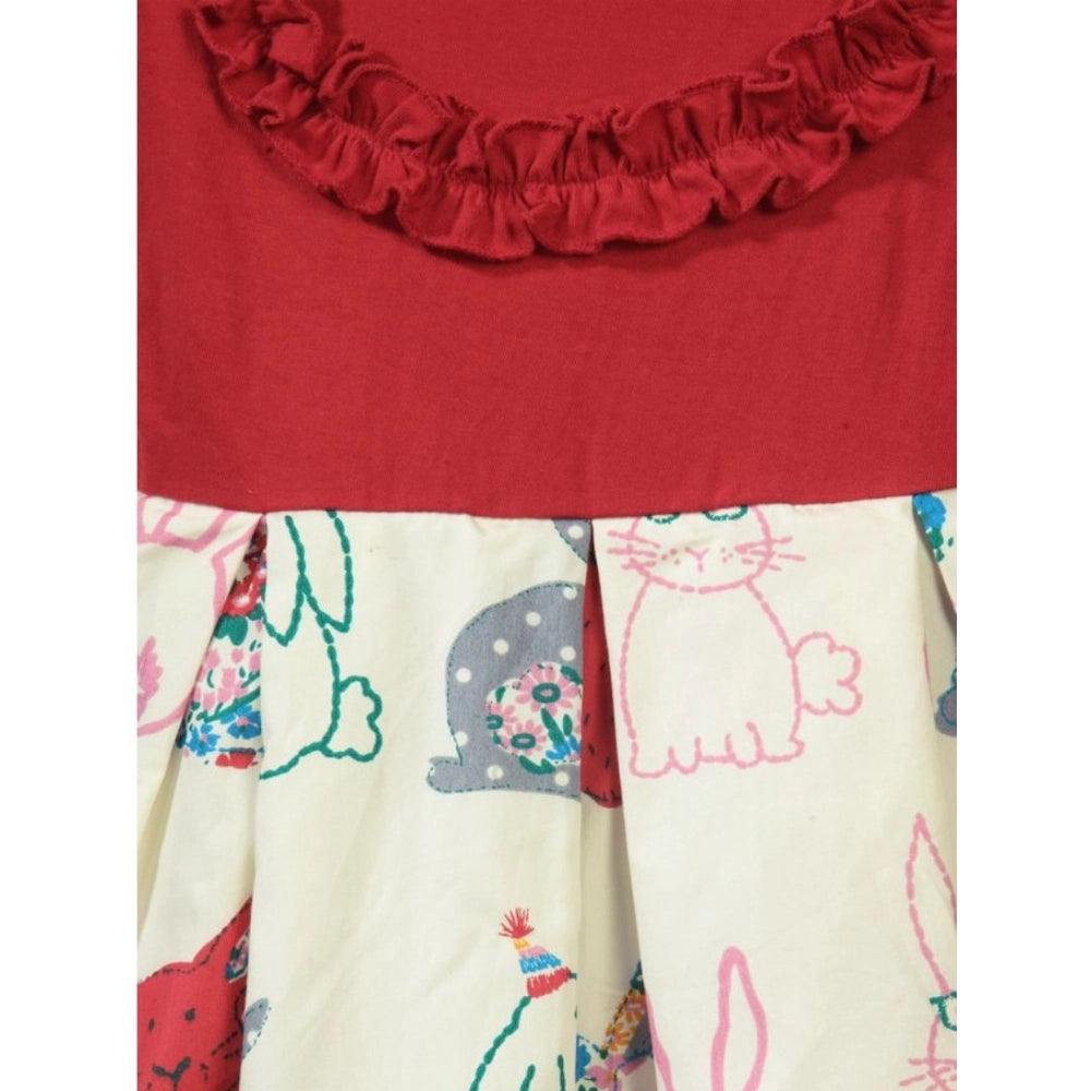 Red-white cotton printed knee-length round neck dress for girls