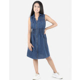 Blue denim solid sleeveless shirt collar dress, perfect for casual summer outfits