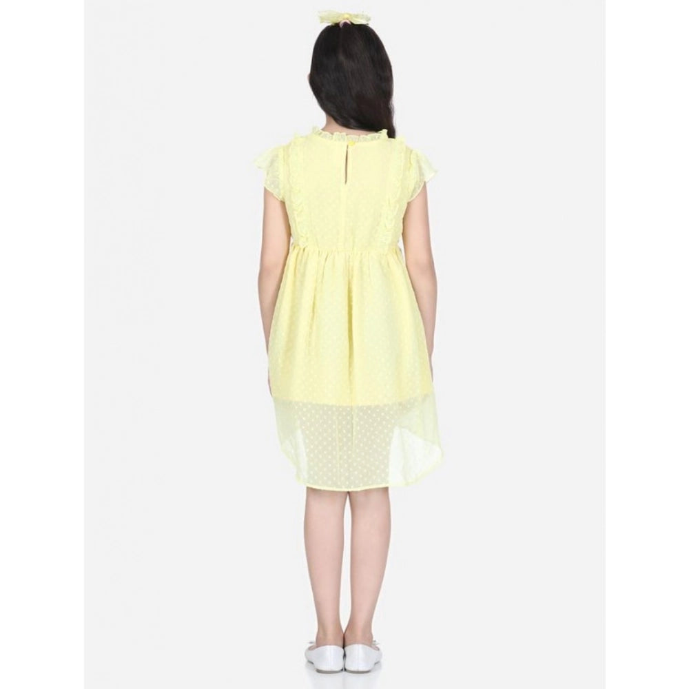 Lemon yellow polyester solid short sleeve round neck dress for girls, ideal for casual wear