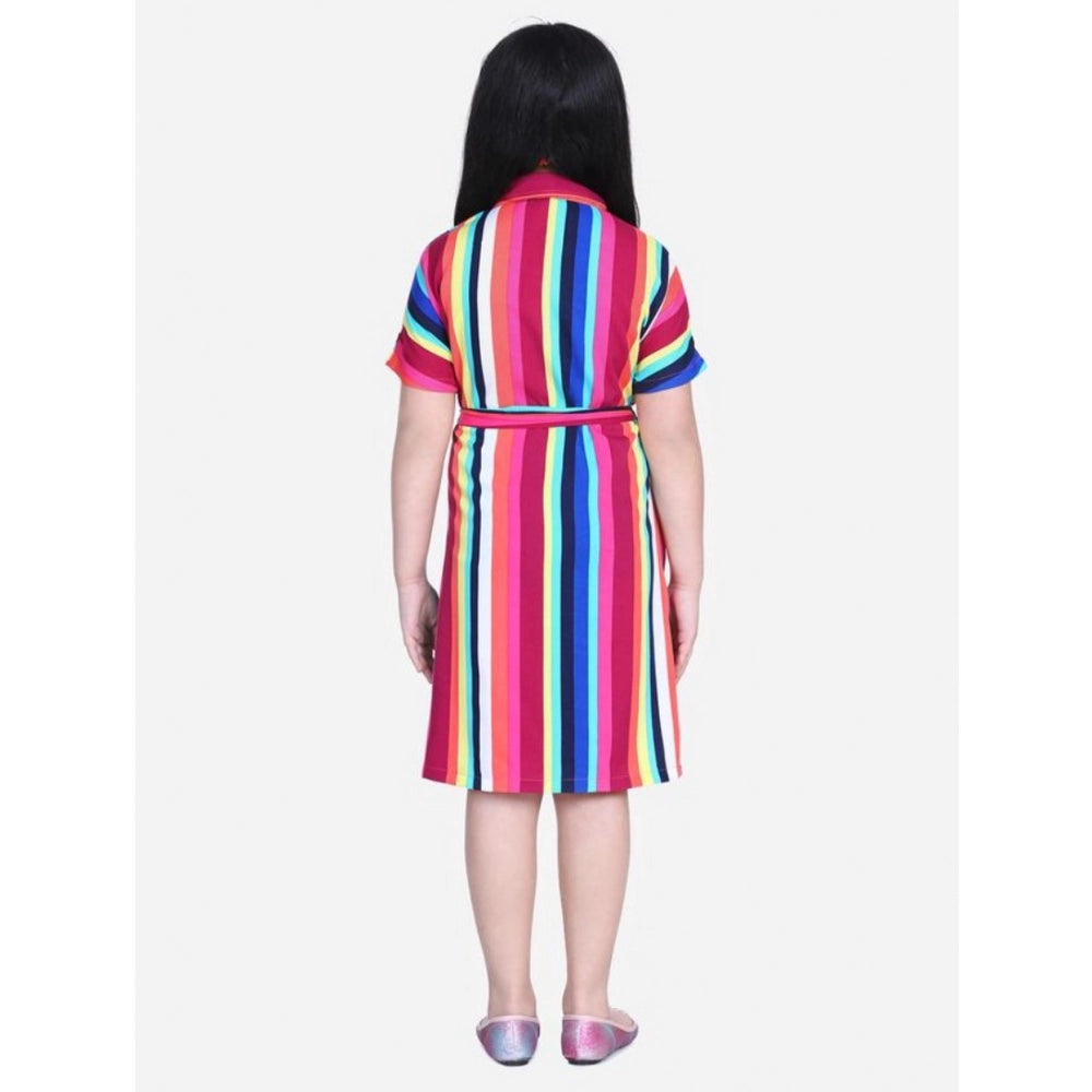 Multicolor polyester crepe striped short sleeve shirt dress for girls with shirt collar, ideal for casual wear