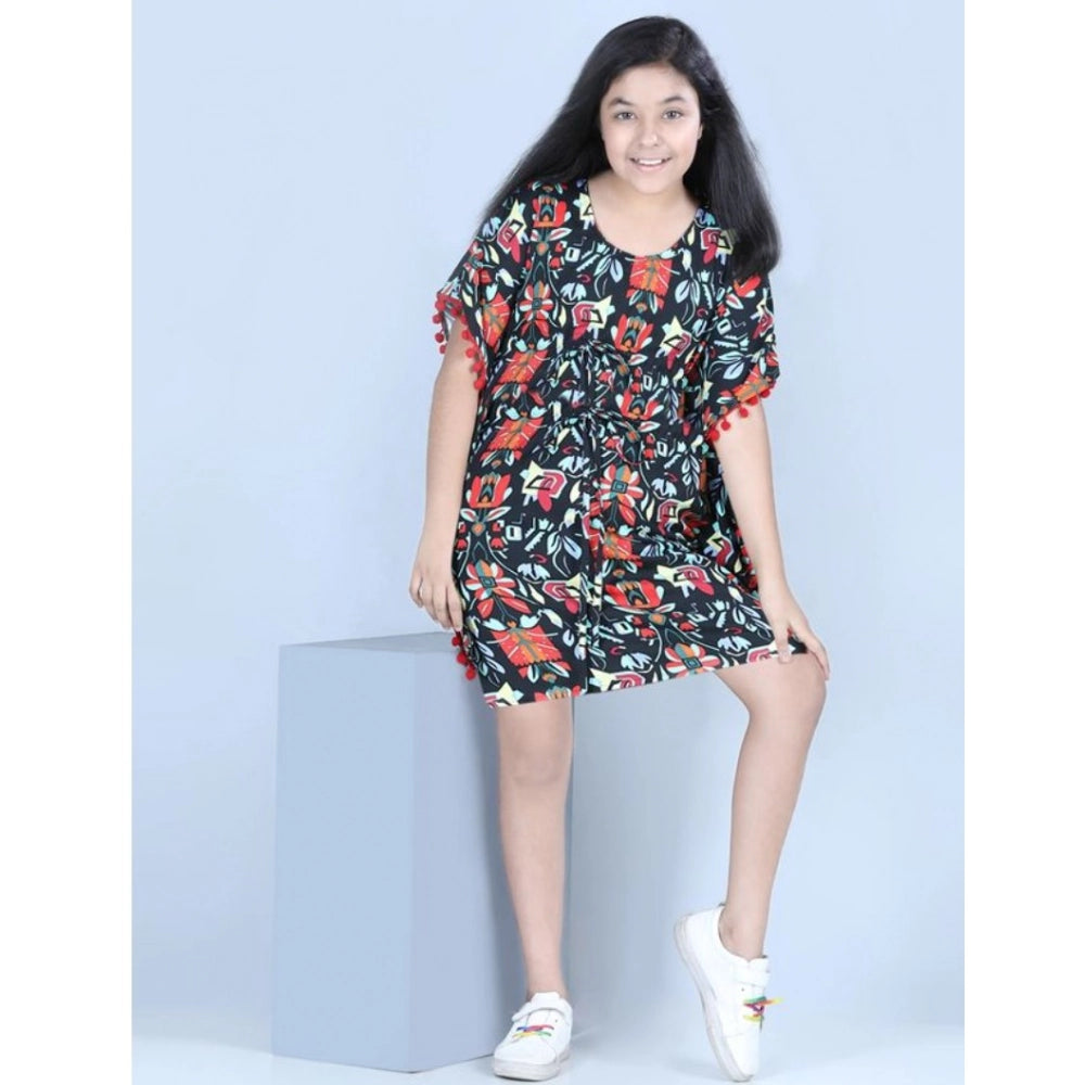 Multicolor polyester moss-printed kaftan dress with round neck, above knee length