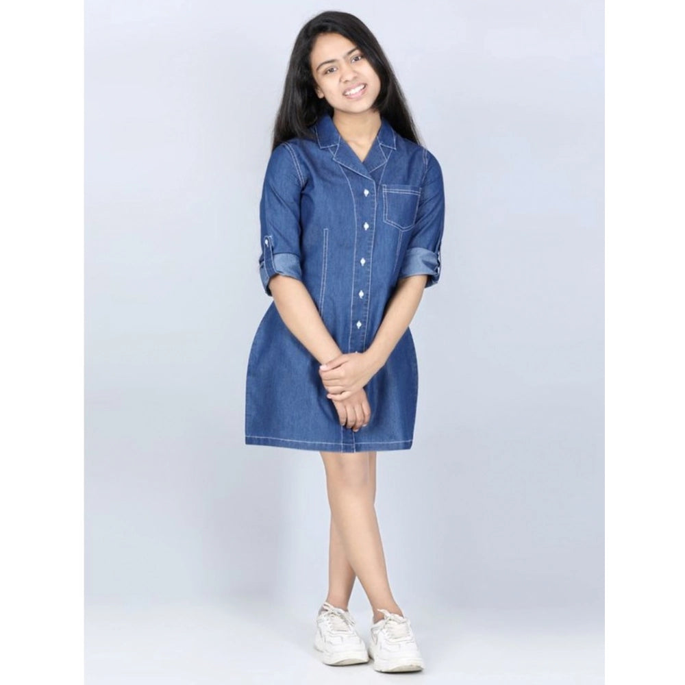 Blue denim long-sleeve shirt dress with shirt collar, solid pattern