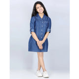 Blue denim long-sleeve shirt dress with shirt collar, solid pattern