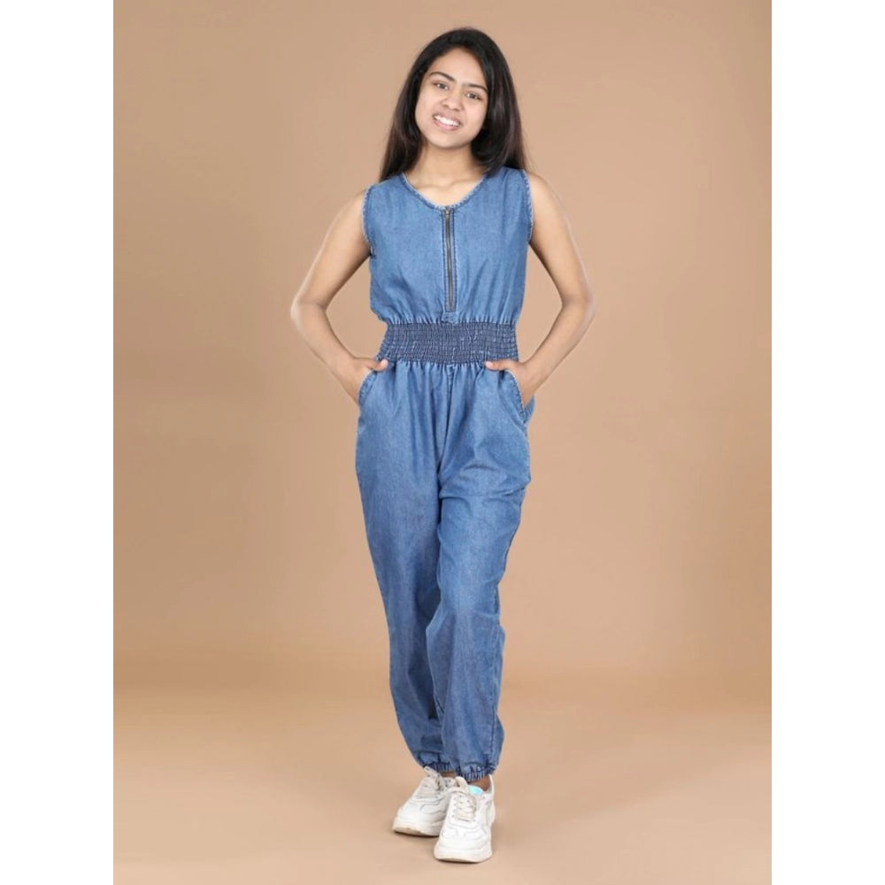 Blue denim solid shoulder strap V-neck dress for girls with full length, ideal for casual wear