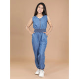 Blue denim solid shoulder strap V-neck dress for girls with full length, ideal for casual wear
