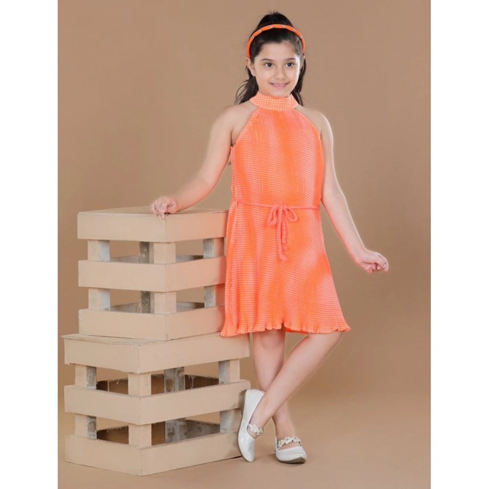 Orange polyester crepe printed sleeveless round neck dress for girls, vibrant summer fashion accessory