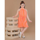 Orange polyester crepe printed sleeveless round neck dress for girls, vibrant summer fashion accessory