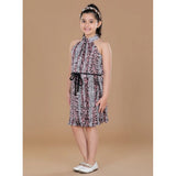 Black-Pink polyester crepe sleeveless round neck dress with printed pattern, ideal for girls' fashion