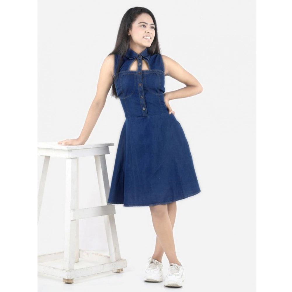 Blue denim solid sleeveless shirt collar dress, knee-length casual wear for girls