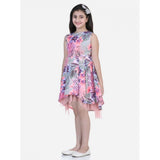 Pink-Blue polyester crepe net printed sleeveless round neck dress for girls, vibrant summer fashion accessory