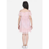 Pink polyester net embellished short sleeve shoulder straps dress