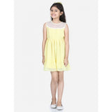 Yellow polyester dobby floral printed sleeveless round neck dress for girls