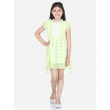 Lime green polyester chiffon girl's dress with short sleeves & round neck, above knee length on model