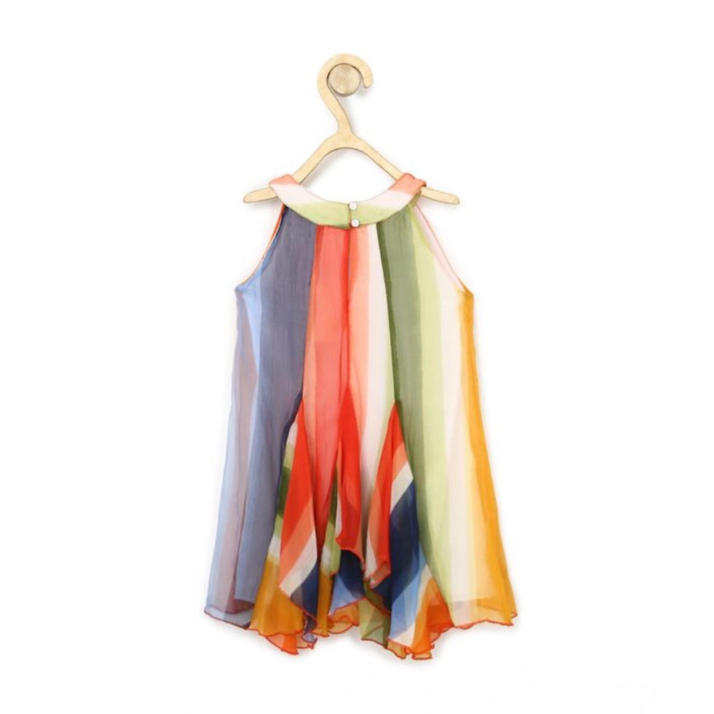 Orange chiffon graphic sleeveless round neck dress for girls, fashionable party outfit with graphic print on stand