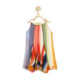Orange chiffon graphic sleeveless round neck dress for girls, fashionable party outfit with graphic print on stand