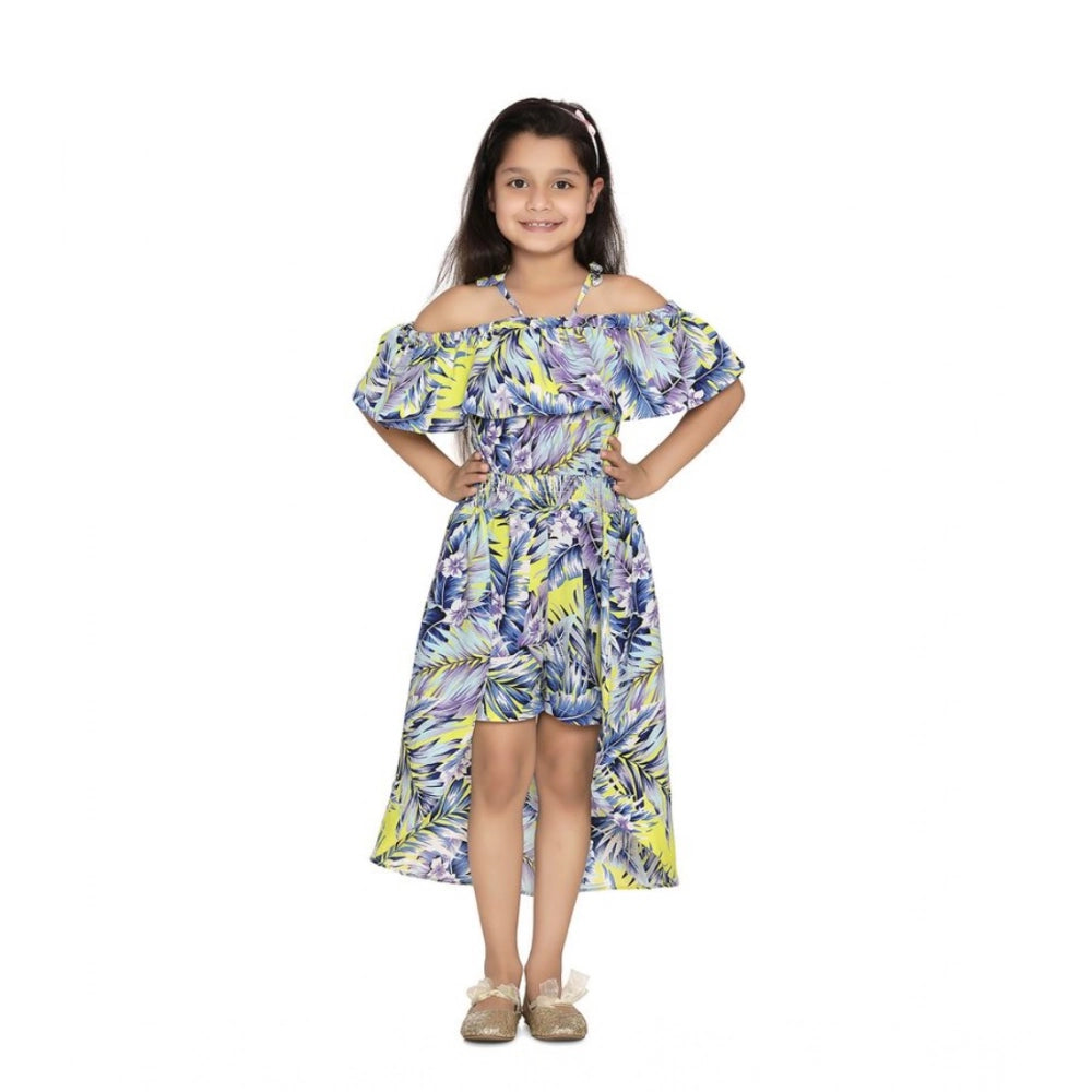Blue polyester moss printed off-shoulder straps dress with knee length