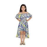 Blue polyester moss printed off-shoulder straps dress with knee length