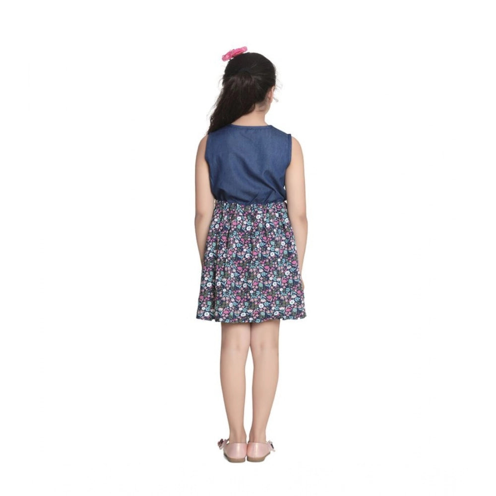 Navy Blue Denim-Rayon floral printed sleeveless round neck dress for girls, casual summer wear with vibrant floral pattern