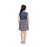 Navy Blue Denim-Rayon floral printed sleeveless round neck dress for girls, casual summer wear with vibrant floral pattern