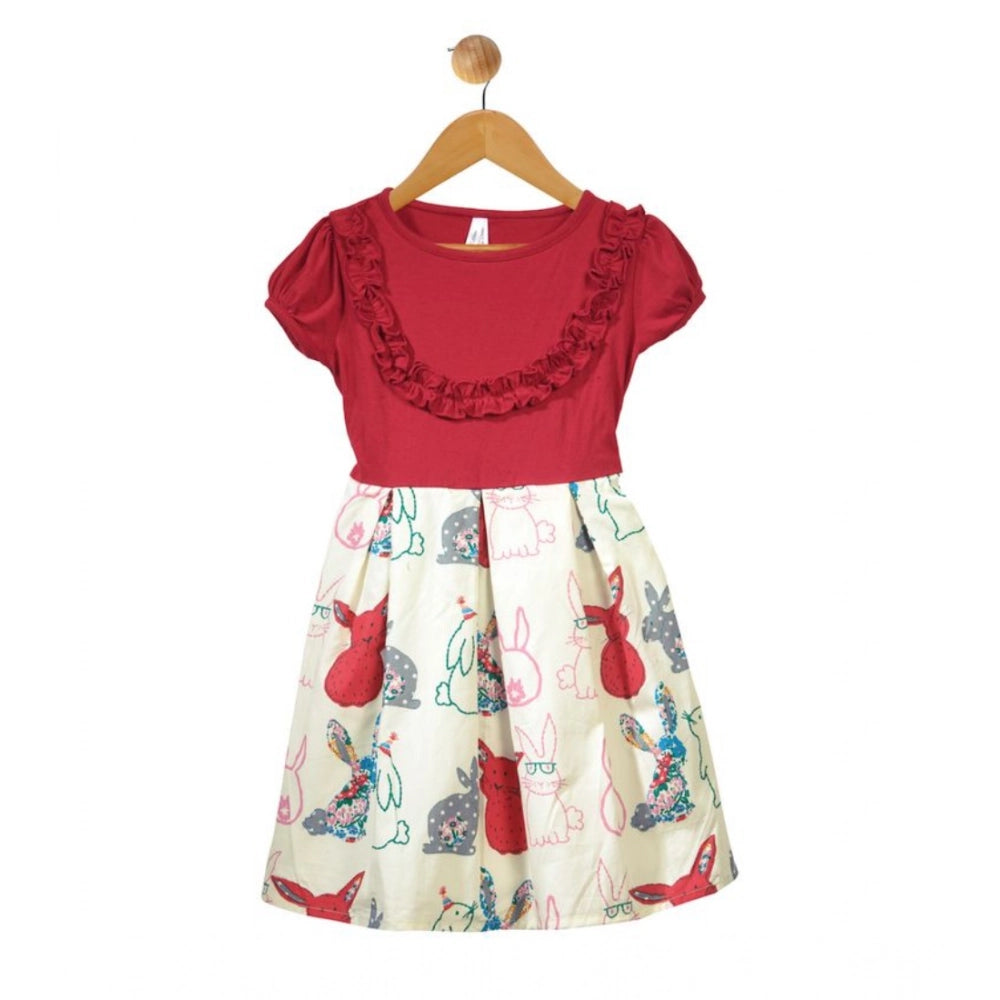 Red-white cotton printed short sleeve round neck dress for girls, vibrant pattern on display
