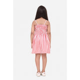 Pink polyester cotton blend striped sleeveless round neck dress for girls