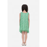 Green chiffon ruffled sleeveless round neck dress for girls, elegant and feminine fashion wear