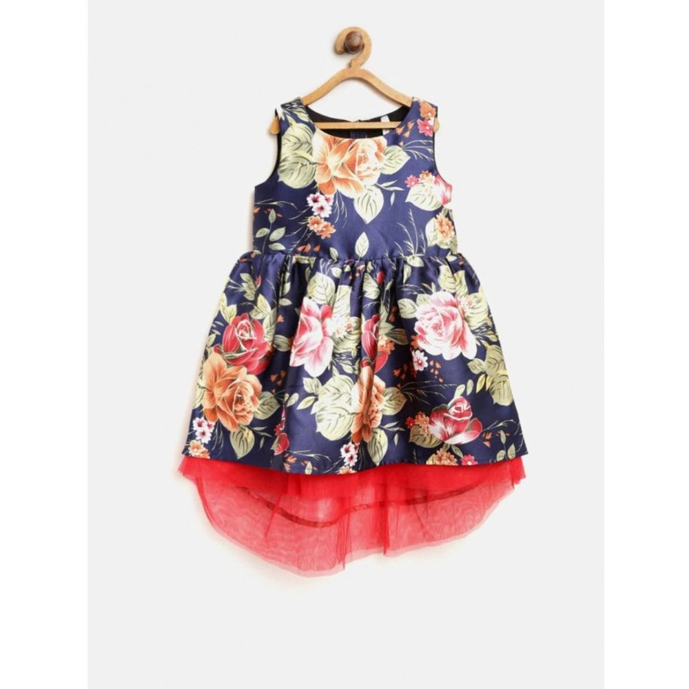 Navy Blue polyester net inset sleeveless round neck dress for girls on mannequin