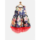 Navy Blue polyester net inset sleeveless round neck dress for girls on mannequin