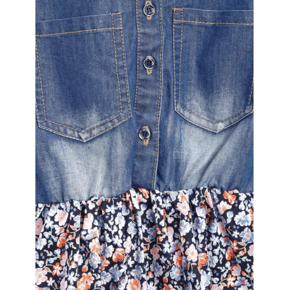 Multicolor denim-cotton striped flutter shirt collar dress with knee length, versatile casual wear for girls