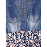 Multicolor denim-cotton striped flutter shirt collar dress with knee length, versatile casual wear for girls