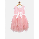 Peach polyester net embroidered knee-length sleeveless round neck dress for girls, close-up focus on intricate design details