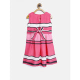 Pink satin striped knee-length sleeveless round neck dress for girls