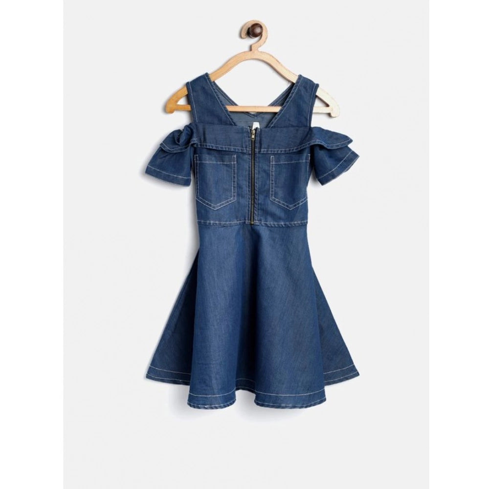 Blue denim floral printed bell sleeve halter neck dress for girls, fashionable casual wear