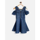 Blue denim floral printed bell sleeve halter neck dress for girls, fashionable casual wear