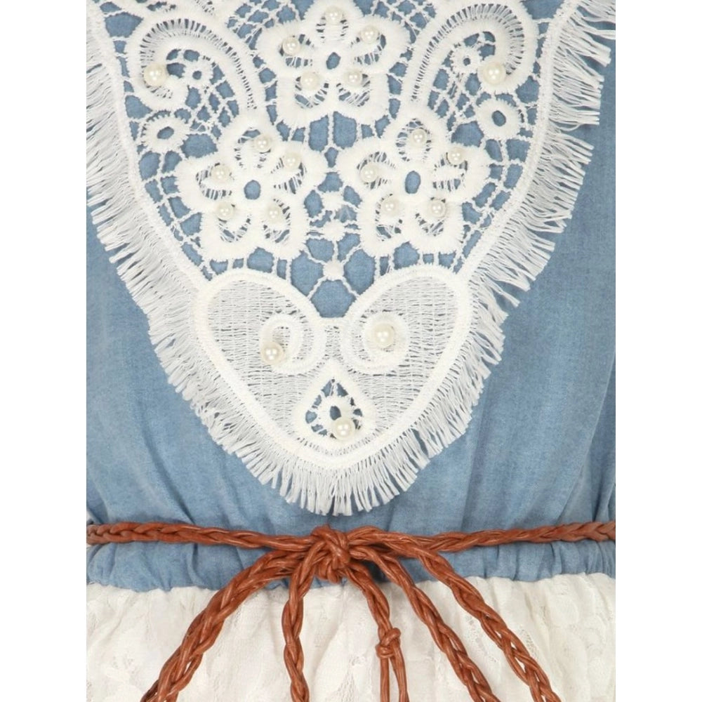 White denim embroidery short sleeve round neck dress, casual wear for girls with intricate patterns