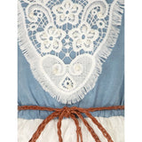 White denim embroidery short sleeve round neck dress, casual wear for girls with intricate patterns
