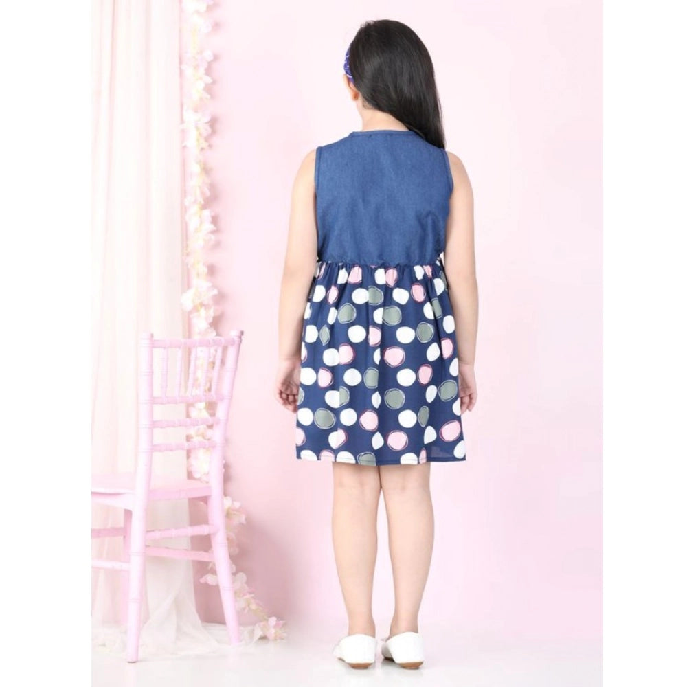 Blue denim-rayon printed sleeveless round neck dress for girls, vibrant floral pattern design
