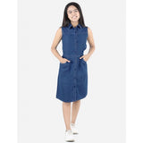 Blue denim solid sleeveless shirt collar dress for girls