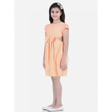 Orange polyester crepe checkered short sleeve round neck dress for girls