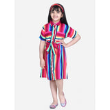 Multi-colored polyester crepe striped short sleeve shirt dress for girls