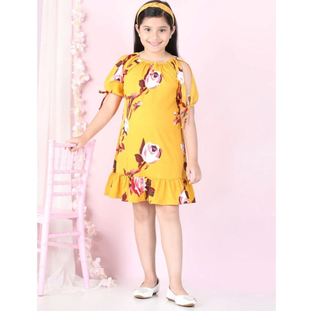 Yellow-Red polyester crepe floral printed slit sleeve round neck dress for girls, vibrant floral pattern on a casual outfit