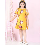 Yellow-Red polyester crepe floral printed slit sleeve round neck dress for girls, vibrant floral pattern on a casual outfit