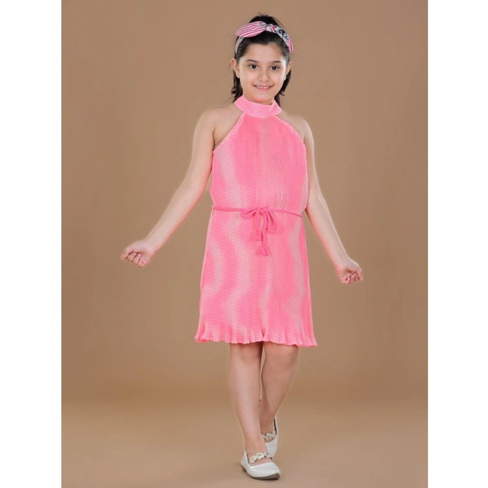 Pink polyester crepe printed sleeveless round neck dress for girls