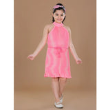 Pink polyester crepe printed sleeveless round neck dress for girls
