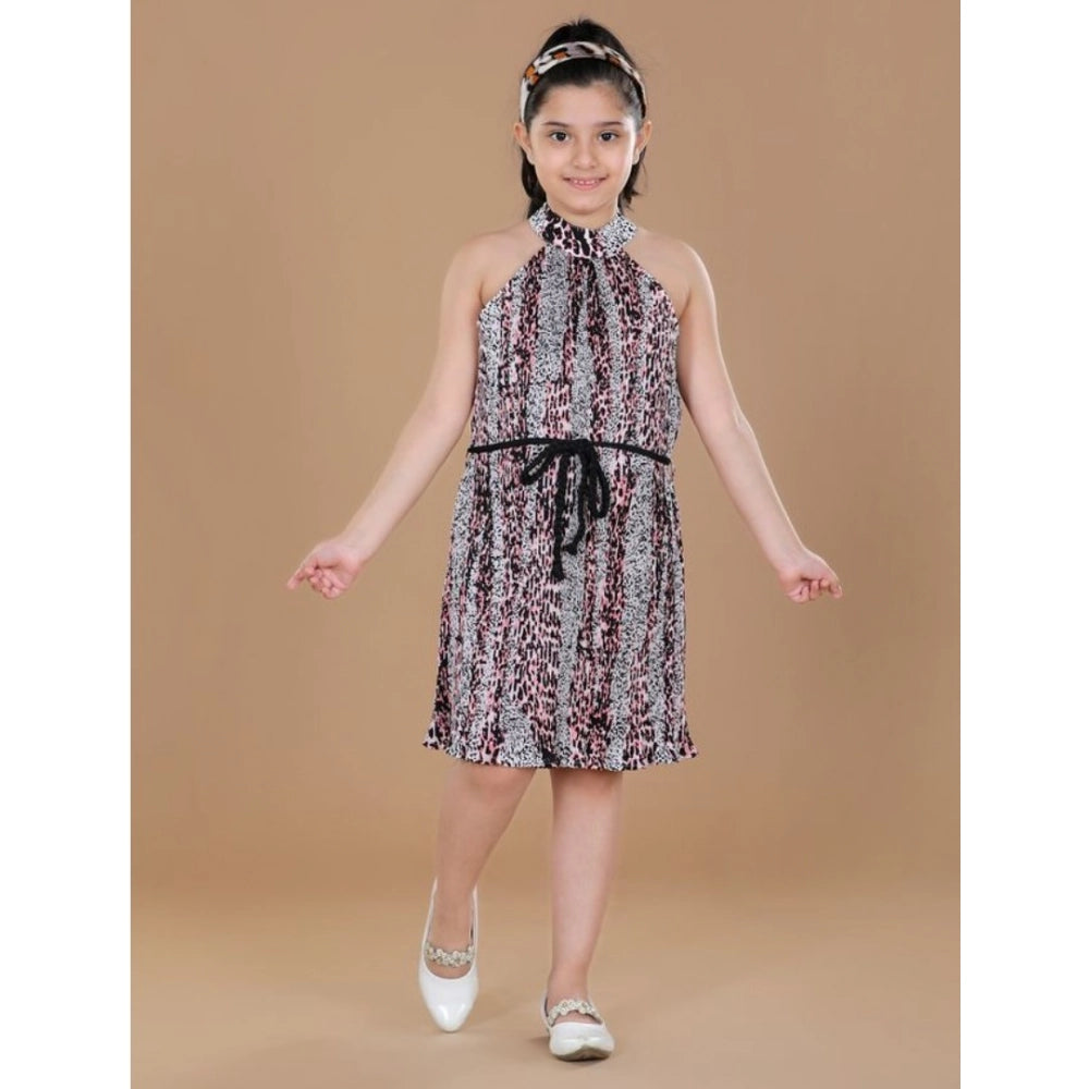 Black-Pink polyester crepe sleeveless round neck dress with printed pattern for girls' fashion